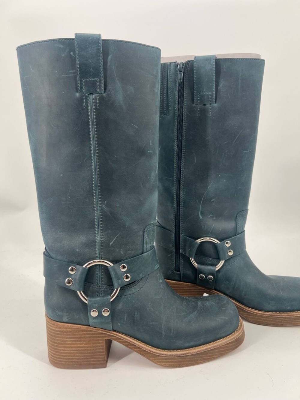 Jeffrey Campbell Reflection Blue Harness Mid-Calf Boots with Brown Stacked Heel - Picture 5 of 13